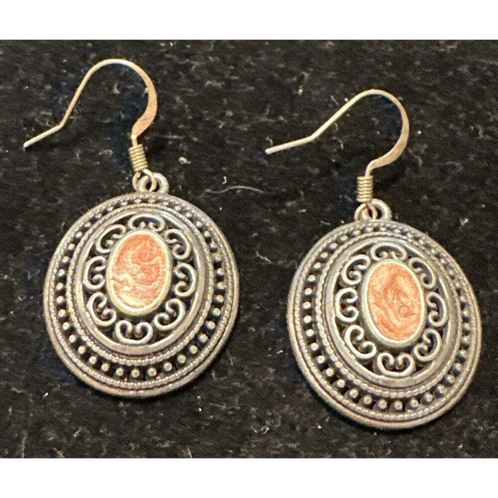 Filigree Silverstone  Enamel Center  Pierced Dangling Earrings Open Work